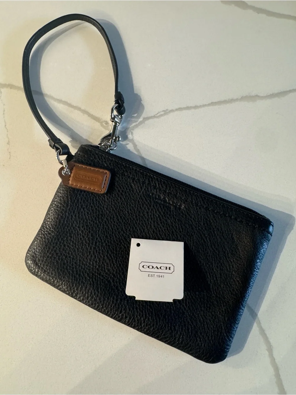 Coach Black Pebbled Leather Wristlet with Tan Tag